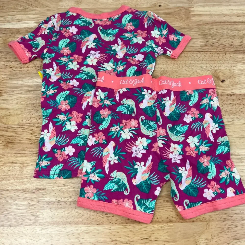 Cat & Jack Girls' Bird Floral Dark Red Snug Fit Pajama Set - Size 4 - NWT